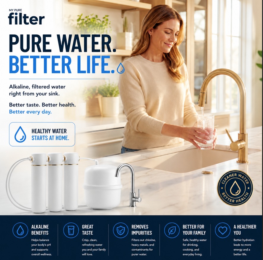 Woman filling a glass with filtered water in her kitchen
