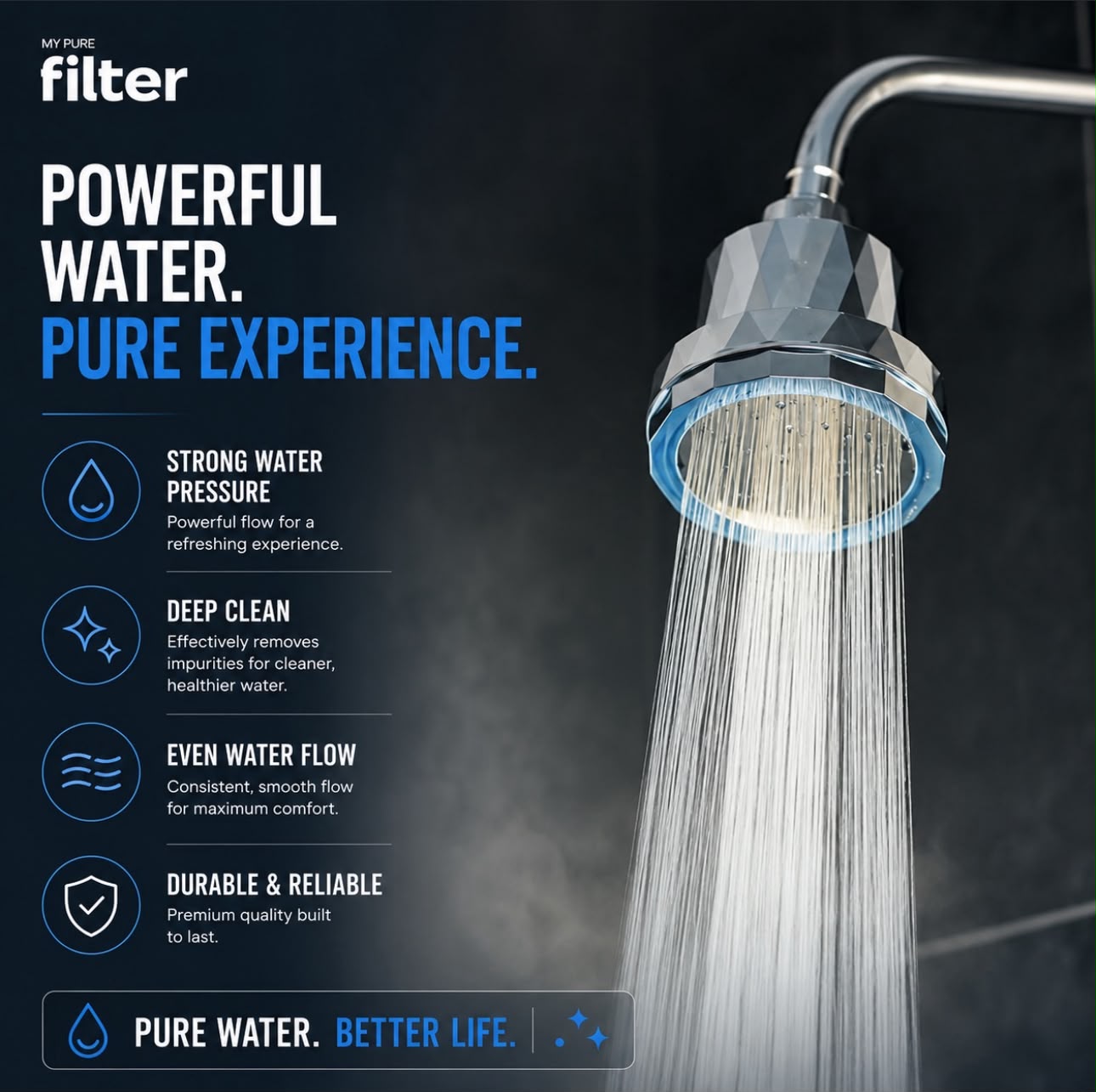 My Pure Filter shower head with strong water pressure and filtered stream