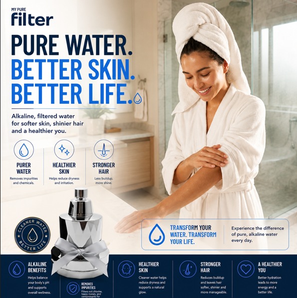 Woman in bathrobe showing softer skin from filtered shower water